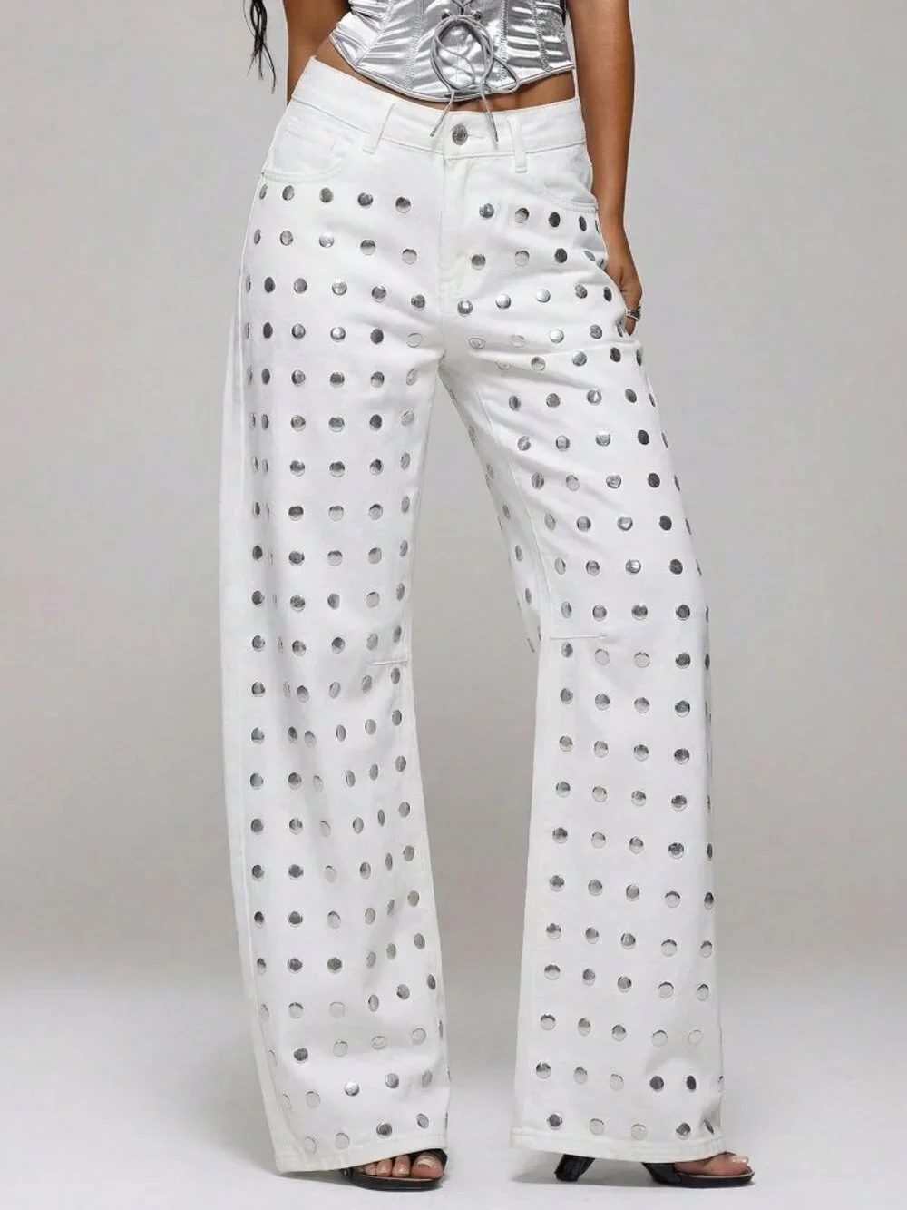 White Casual Women's Studded Baggy Straight Leg Jeans